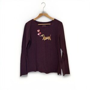 Talbots Womens Shirt Top L Blue Red Hearts Dachshund Dog  Striped Valentines